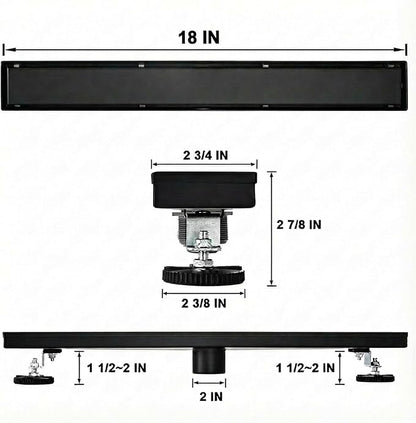 Linear Shower Floor Drain, Black 18 Inch 304 Stainless Steel Bathroom Drains Kit, Rectangular Shower Trench Drain with Reversable Tile-in Pattern Drain Cover & Hair Catcher