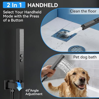 Shower System with Body Jets, STARBATH 12" Rainfall Showerhead with 2 in 1 Handheld Spray, Can Use All at Once, Wall Mount Push Button Complete Shower Faucet Set with Valve and Trim Kit Matte Black