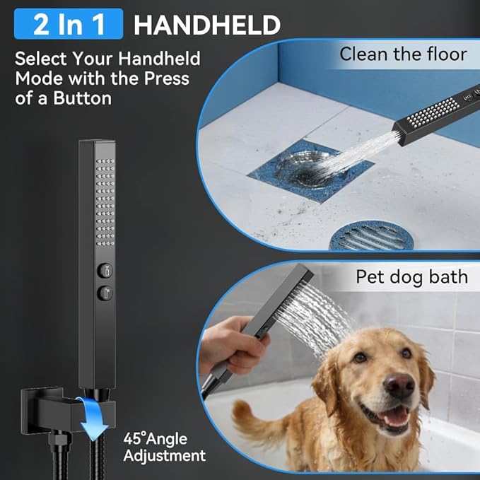 Shower System with 4 Body Jets Matte Black, STARBATH 12" Square Wall Mounted Rain Shower with Handheld Sprayer, Can Use All at Once, Push Button Complete Shower Faucets Sets with Valve and Trim Kit