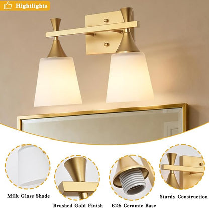 2 Light Modern Bathroom Vanity Light, Milk Glass Wall Light Fixtures Over Mirror, Brushed Gold Vanity Lighting for Bathroom, Living Room, Bedroom, E26 Base (Exclude Bulb)