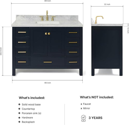 ARIEL Cambridge 48-inch Bathroom Vanity with Sink,Solid Wood, 1.5-inch Italian Carrara Marble Countertop, Single Rectangular Porcelain Sink, 2 Soft Closing Doors, 9 Dovetail Drawers, Midnight Blue