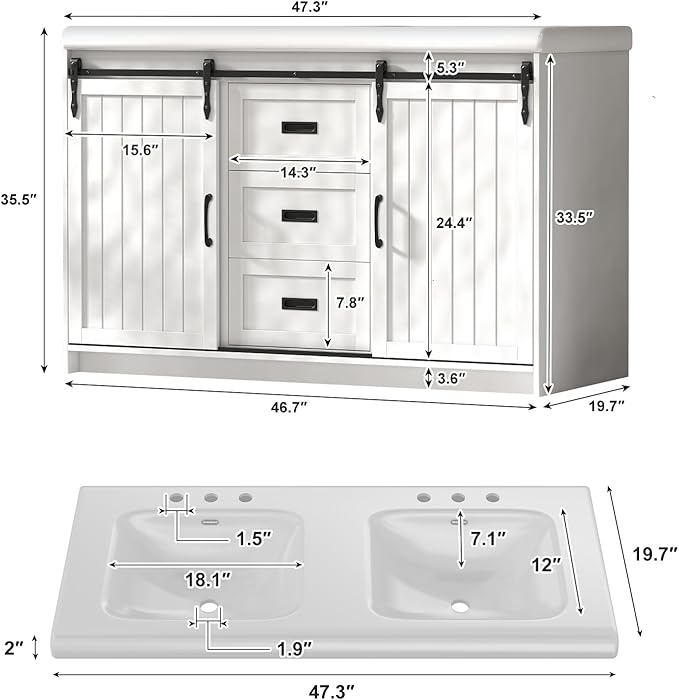 47 inch Bathroom Sink Vanity Combo, Large Freestanding Double Bath Vanity Sink Set with 2 Drawers & 2 Sliding Doors,Dual Basin Bathroom Storage Cabinet,Grey