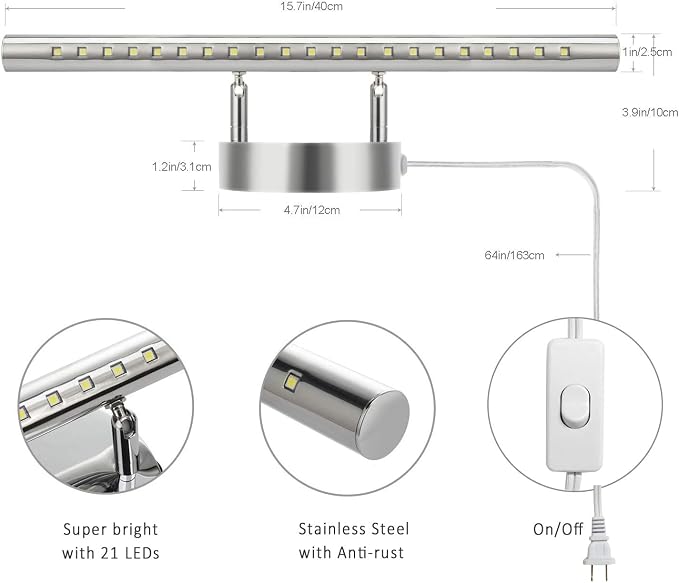 Bathroom Vanity Lights for Bathroom Light Fixutres 15.7 Inches Bathroom Lights Over Mirror 5W Led Lighting Plug in Vanity Lighting Fixtures Stainless Steel with 180°Rotation,6000K Cool White