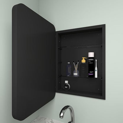 16”Wx24”H Farmhouse Framed Medicine Cabinet with Mirror, Matte Black Finish, Recessed or Surface Mount, Adjustable Shelves, Rounded Rectangle Bathroom Medicine Cabinet,Install Left or Right