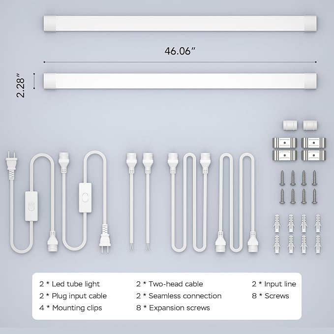 4FT Plug in Shop Light 2PCS, 5000K Linkable 36W Workbench Light, LED Tube Lights with Plug, 4500 LM Ceiling Closet Lighting for Laundry Garage Basement Kitchen | LED Tube Lights with Plug, 4500 LM Ceiling Closet Lighting for Laundry Garage Basement Kit...