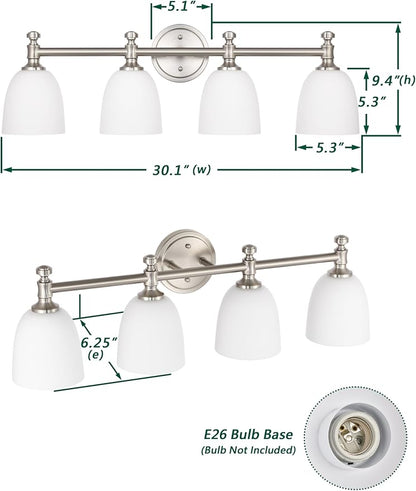 Bathroom Vanity Light, 4-Light Bathroom Light Fixtures Over Mirror, Traditional Vanity Lights for Living Room, Milk White Bell Glass Shades, Standard E26 Base, Brushed Nickel