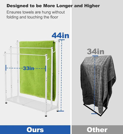Extra Large Free Standing Towel Rack, White | 3 Tiers Heavy Duty Blanket Drying Stand Holder with Metal Storage Shelf & 6 Hooks for Bathroom, Pool, Bedroom, Living Room