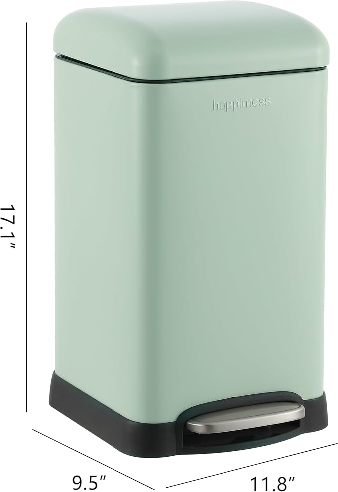 happimess Betty Retro Mini 3.2 Gal Step Trash Can, Pistachio Gelato | Soft-Close Lid, Removable Liner, Iron, Hands-Free Pedal, Satin Finish, Non-Skid Base, Built-In Damper, Modern, Minimalistic