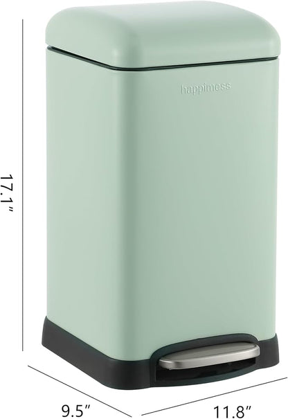 happimess Betty Retro Mini 3.2 Gal Step Trash Can, Pistachio Gelato | Soft-Close Lid, Removable Liner, Iron, Hands-Free Pedal, Satin Finish, Non-Skid Base, Built-In Damper, Modern, Minimalistic