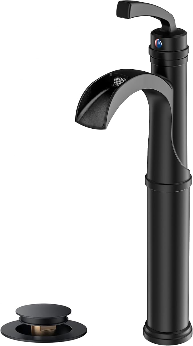 Forious Black Bathroom Faucets, Tall Waterfall Bathroom Faucet Single Handle One Hole Deck Mount Bowl Vessel Sink Faucet Bathroom with Metal Pop Up Drain and Supply Lines