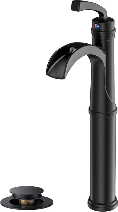 Forious Black Bathroom Faucets, Tall Waterfall Bathroom Faucet Single Handle One Hole Deck Mount Bowl Vessel Sink Faucet Bathroom with Metal Pop Up Drain and Supply Lines