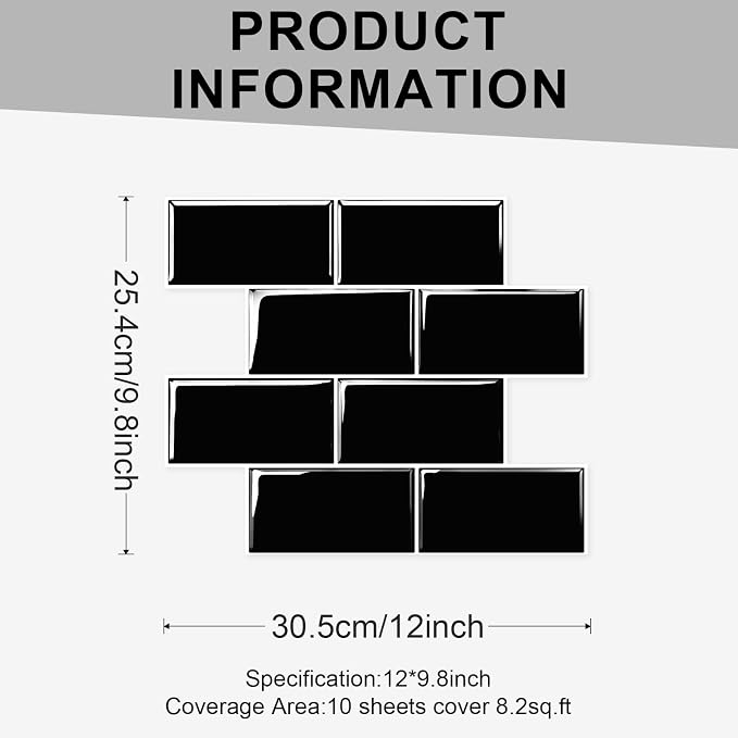 10 Sheets Thicker Peel and Stick Backsplash, Peel and Stick Tiles, Marble Look Wall Tiles Backsplash for Kitchen and Bathroom, Livingroom, 12"x9.8", Black