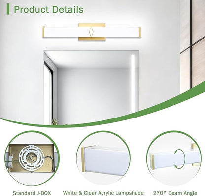 24 Inch Bathroom Vanity Light 2500LM, AC 120V 5CCT Modern Bathroom Lighting Fixtures Over Mirror Dimmable, 25W Gold LED Vanity Lighting Fixtures Wall Sconce ETL Certified, 1Pack