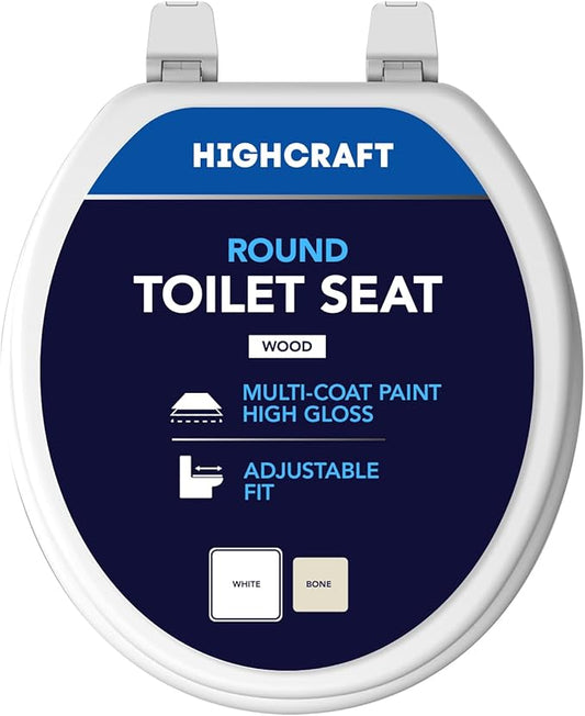 HIGHCRAFT Round Toilet Seat with Adjustable Hinges - Molded Wood Toilet Seat - Fits Standard Round Toilets - Round Seat in White