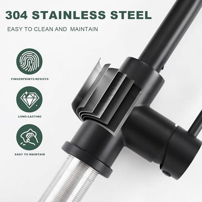 Black Bathroom Sink Faucet with Pull Down Sprayer | 2 Mode Sprayer, with Deck Plate for 1 or 3 Hole, 360° Swivel, with Pop Up Drain for Vanity Bar RV Basin Laundry Kitchen