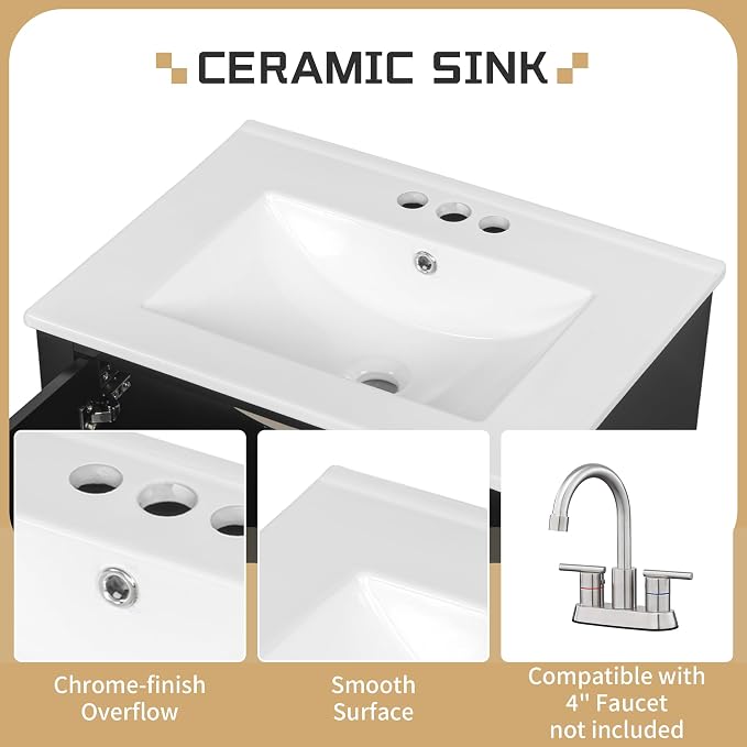Bathroom Vanity with Ceramic Sink 24 Inch, Cabinet with One Door and Three Drawers, Soft-Closing Door, Solid Wood Legs, Black