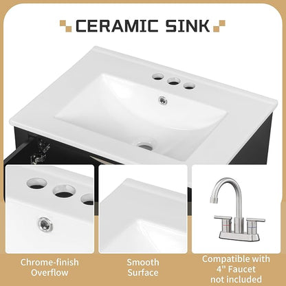 24" Vanity with Sink, Small Bathroom Vanities 24 Inch with Sink, Single Sink Bathroom Vanity with Door Shelf and Three Drawers, Restroom Vanity with Sink Top (Black)