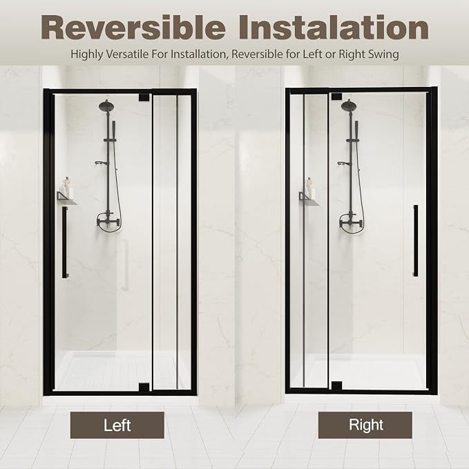 32-36" W x 72" H Semi-Frameless Pivot Swing Shower Doors | 1/4" (6mm) Clear SGCC Tempered Glass with a 20.3" walk-in opening, Matte Black Finish, Reversible, Magnetic Closing