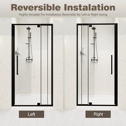 32-36" W x 72" H Semi-Frameless Pivot Swing Shower Doors | 1/4" (6mm) Clear SGCC Tempered Glass with a 20.3" walk-in opening, Matte Black Finish, Reversible, Magnetic Closing