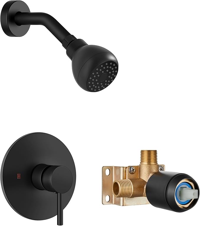 Shower Faucet with Valve, Shower Valve Kit and Head, Single Handle Shower Faucet Set with Rough-In Valve, Shower Trim Kit, Matte Black