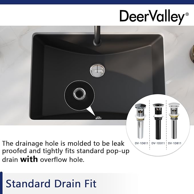 DeerValley DV-1U0086 Ally Undermount Bathroom Sink 21'' x 15'' Rectangular Bathroom Undermount Sink Vitreous China Bathroom Sink with Overflow, Matte Black