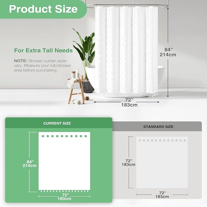 Extra Long Boho Fabric Shower Curtain Tufted Geometric 72x84 White | 84 Inch Tall, Elegant Tassel, Lightweight Textured Fabric, Water Repellent, Washable, Hotel Spa, for Bathroom/Dorm 12 Hooks