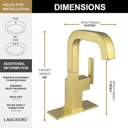 Lava Odoro Gold Bathroom Faucet Single Handle, Brushed Gold Faucet for Bathroom Sink 1 or 3 Hole Soild Brass with Drain Assembly Deck Plate Included, BF204-SG