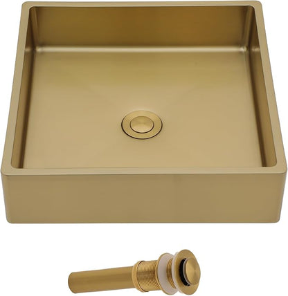 15"x15" Bathroom Vessel Sink Square - Brushed Gold NANO-PVD, 16 Gauge 304 Stainless Steel, Above Counter Modern Vanity Lavatory Bath Sink Basin