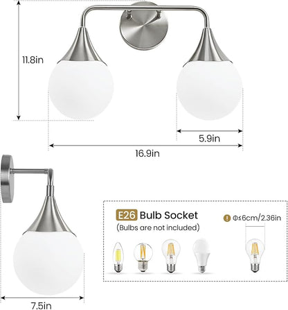 Bathroom Vanity Light Fixtures: Brushed Nickel 2-Light Mid Century Farmhouse Bathroom Lighting Fixtures Over Mirror - Wall Sconce with Frosted Globe Glass for Hallway Restroom