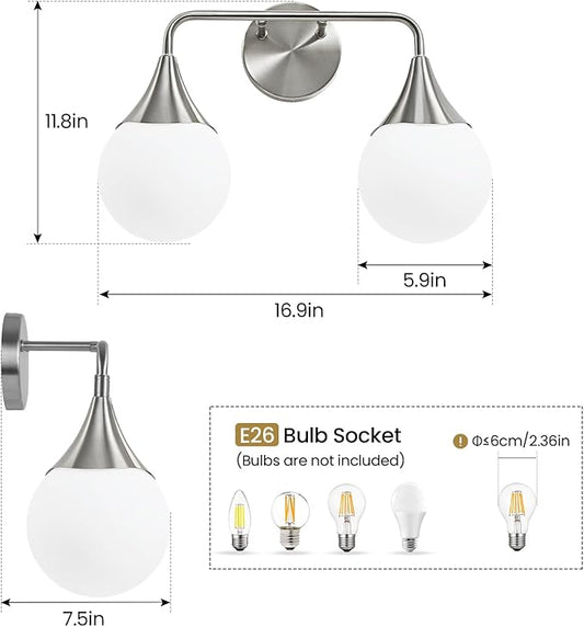 Bathroom Vanity Light Fixtures: Brushed Nickel 2-Light Mid Century Farmhouse Bathroom Lighting Fixtures Over Mirror - Wall Sconce with Frosted Globe Glass for Hallway Restroom