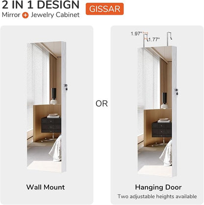 GISSAR Full Length Mirror Jewelry Cabinet, 6 LEDs Jewelry Armoire Wall Mounted Over The Door Hanging, Jewelry Organizer Storage with Lights Lockable White