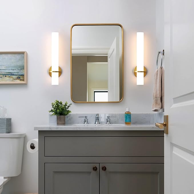 Gold Bathroom Wall Sconces Set of 2: 18 Inch Modern Sconces Wall Lighting 18W LED Dimmable Wall Light with Acrylic Lampshade, Brushed Gold Sconces for Bedroom Living Room Hallway (Hardwired)