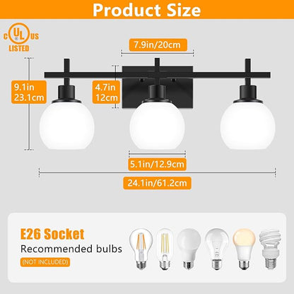 Modern Vanity Lighting Fixtures,3-Light Black Bathroom Lighting Fixtures Over Mirror，Bathroom Wall Mounted Vanity Light with Milky White Glass Lampshade for Living Room，Bedroom，Hallway