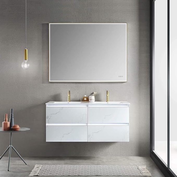 Blossom 48 inch Double Bathroom Vanity with Ceramic Sinks, LED Lighted | Wall Mounted Floating Vanity with 2 Sinks, Dimmable LED Lights | Modern Floating Design for Bathrooms | Calacatta White