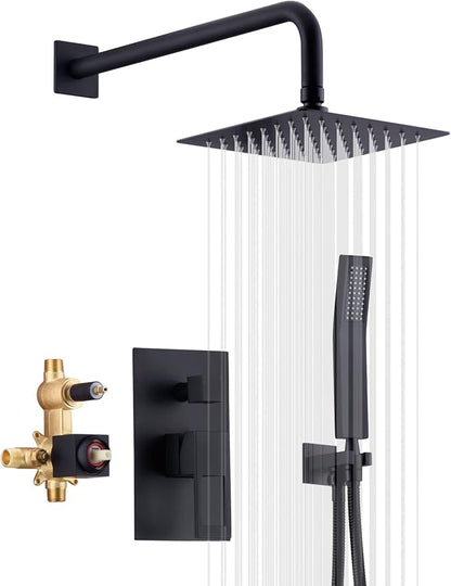 SUMERAIN Bathroom Matte Black Pressure Balance Shower System | Anti-scald, 8 Inches High Pressure Rain Shower, Brass Handheld, brass Rough-in Valve Body and Trim Included