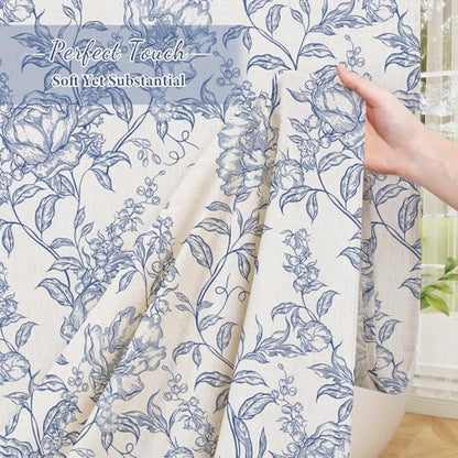 Blue Boho Linen Fabric Shower Curtain , Farmhouse Floral For Bathroom