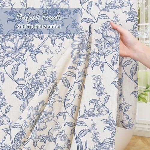 Blue Boho Linen Fabric Shower Curtain , Farmhouse Floral For Bathroom