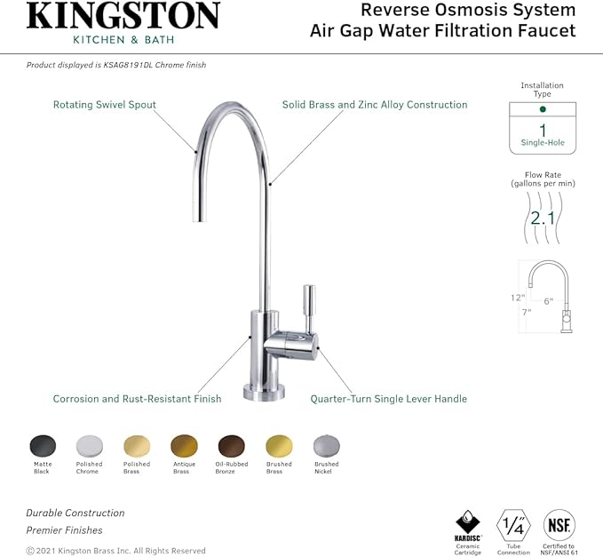 Kingston Brass KSAG8197DL Concord Reverse Osmosis System Filtration Water Air Gap Faucet, Brushed Brass