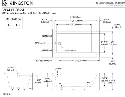 Kingston Brass Aqua Eden VTAP603622L 60-Inch Acrylic Alcove Tub with Left Hand Drain, White
