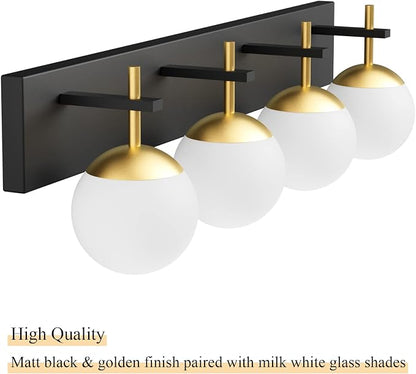 Ralbay Mid Century Modern Vanity Lights - 4-Light Milky Glass Globe Modern Bathroom Vanity Lights Over Mirror, Black/Golden Bathroom Wall Light Fixture