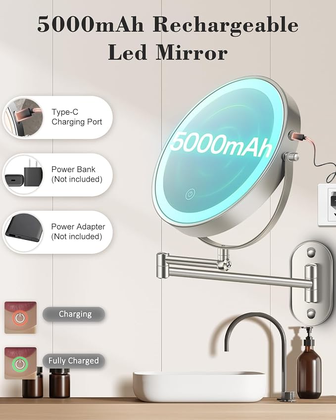 20X 9" Wall Mounted Magnifying Makeup Mirror with Light Height Adjustable | 5000mAh Double Sided Rechargeable LED Lighted Vanity Mirror with Magnification 3 Color Light up Extended Arm 360 Rotation