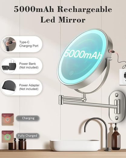 20X 9" Wall Mounted Magnifying Makeup Mirror with Light Height Adjustable | 5000mAh Double Sided Rechargeable LED Lighted Vanity Mirror with Magnification 3 Color Light up Extended Arm 360 Rotation