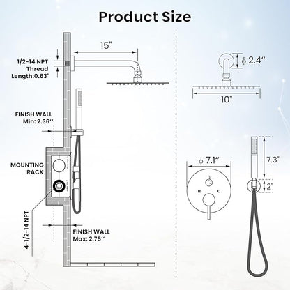 gotonovo Shower System 10 Inch Round Rainfall Showerhead Wall Mounted High Pressure Shower Faucet Set Fixture Combo with Rough in Valve and Cylindrical Handheld Spray, Matte Black