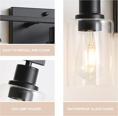 Farmhouse Vanity Light Fixtures,3-Lights Matte Black Bathroom Illumination,Matte Black Vintage Wall Sconces with Clear Glass Shades, Modern Wall Lighting for Mirror,Bedroom,Living Room