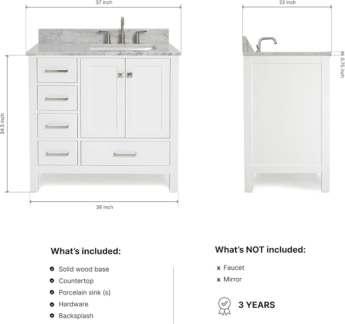 ARIEL Cambridge 36-inch Bathroom Vanity with Sink,Solid Wood, 0.75-inch Italian Carrara Marble Countertop, Single Rectangular Porcelain Sink, 2 Soft Closing Doors, 5 Dovetail Drawers, White