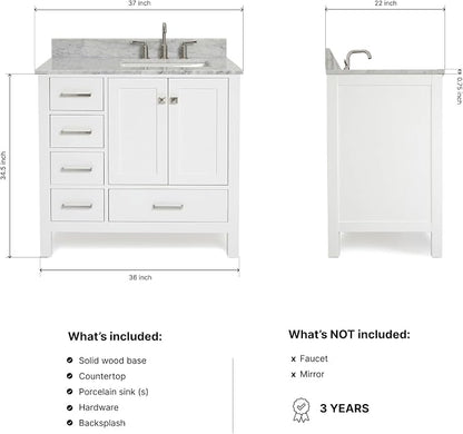 ARIEL Cambridge 36-inch Bathroom Vanity with Sink,Solid Wood, 0.75-inch Italian Carrara Marble Countertop, Single Rectangular Porcelain Sink, 2 Soft Closing Doors, 5 Dovetail Drawers, White