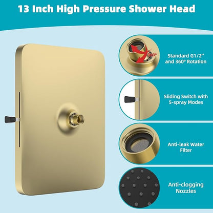 Hibbent 5 Spray Modes Shower Head, 13'' High Pressure Rain Shower Head, Large Rainfall Showerhead for Bathroom, High Flow Waterfall Fixed Showerheads with Adjustable Swivel Ball Joint, Brushed Gold