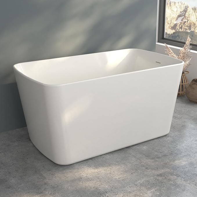 Small Freestanding Bathtub 55 inch, Acrylic Square Soaking Tub with Seat Design, Compact Stand Alone Tub for Small Bathroom with Chrome Drain & Overflow, cUPC Certified, Glossy White