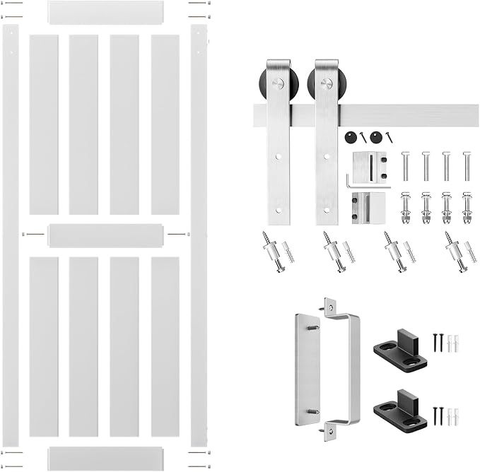 30''x84'' Sliding Barn Door with 5 Ft Brushed Nickel Hardware Kit | Pre-Drilled Holes Easy Assembly - Include Installation Manual, Water-Proof PVC Surface, H-Frame, White