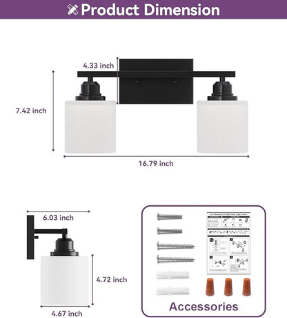 Sailstar Modern Bathroom Lights - 2-Light Vanity Fixtures with Milky White Glass Shades, Anti-Rust Matte Black Finish, E26 Base